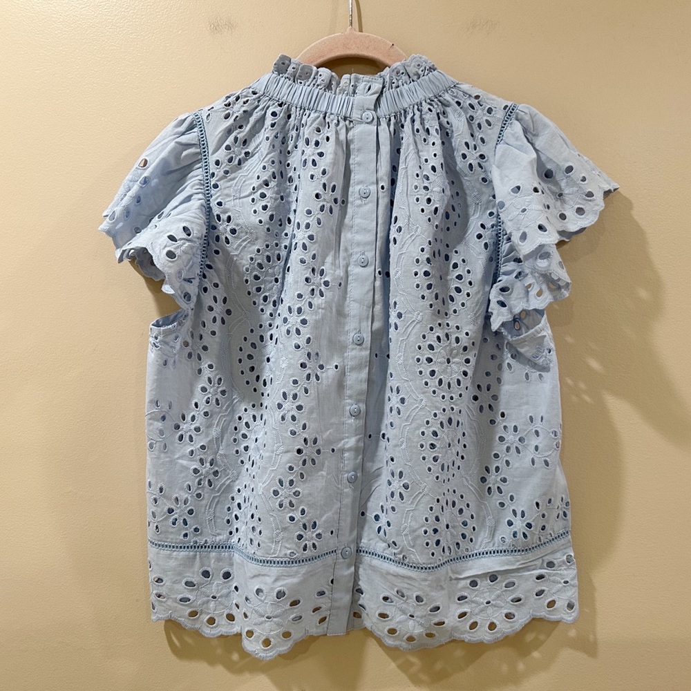 NWT Jennifer & Grace Eyelet Flutter Sleeve Cotton Top Blue Feminine Women's xs - Picture 2 of 5